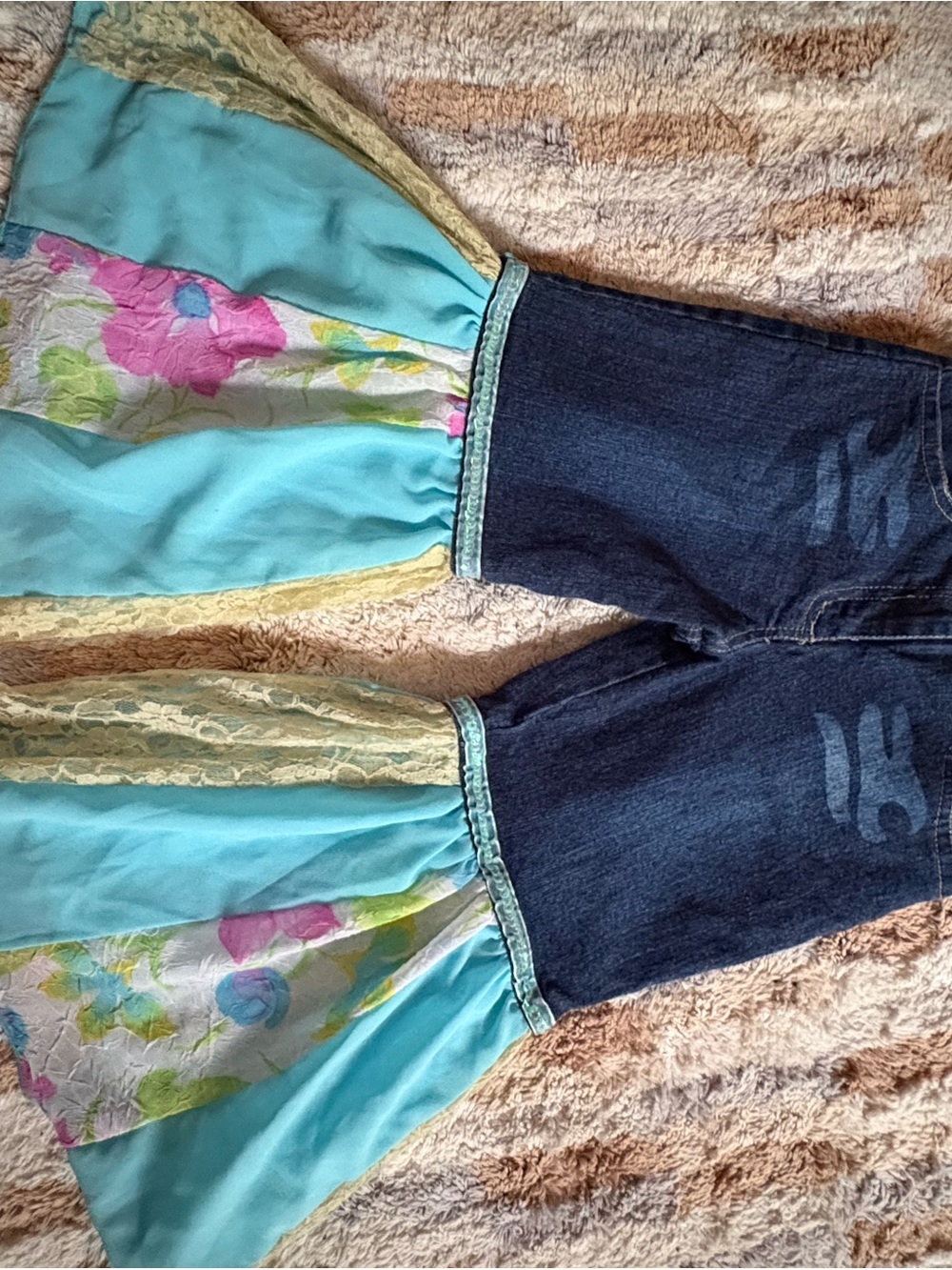 Girls' Bell-Bottom Jeans with Aqua Floral Panels